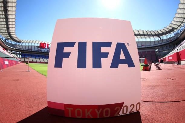 General view of FIFA branding inside the stadium prior to the Women's Bronze Medal match between United States and Australia on day thirteen of the...