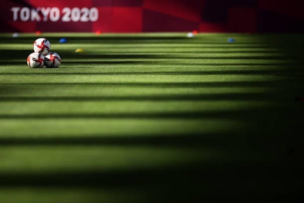 General view of match balls on the pitch prior to the Women's Bronze Medal match between United States and Australia on day thirteen of the Tokyo...