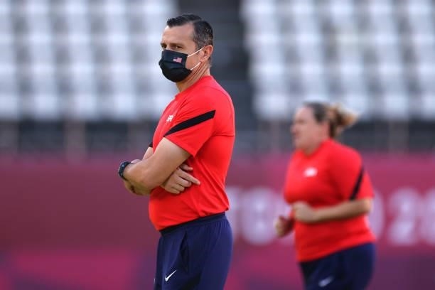Vlatko Andonovski, Head Coach of Team United States wears a face mask prior to the Women's Bronze Medal match between United States and Australia on...