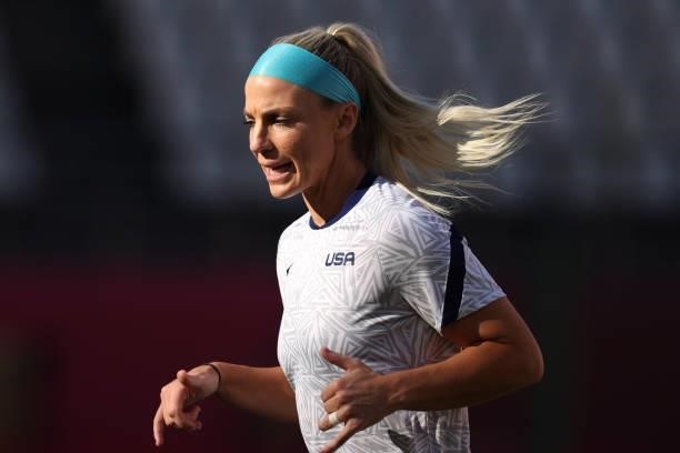 Julie Ertz of Team United States warms up prior to the Women's Bronze Medal match between United States and Australia on day thirteen of the Tokyo...