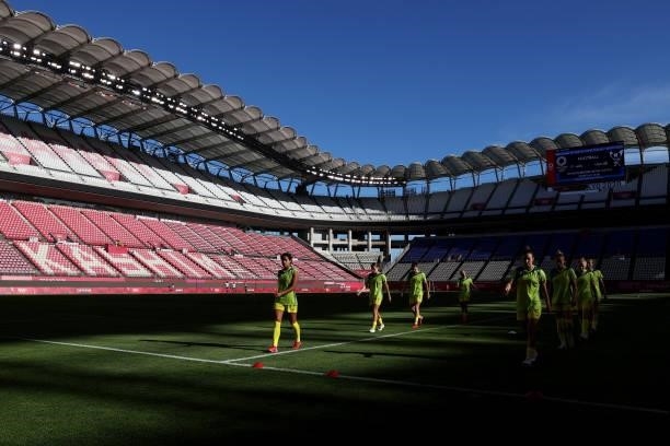 General view inside the stadium as players of Team Australia warm up prior to the Women's Bronze Medal match between United States and Australia on...