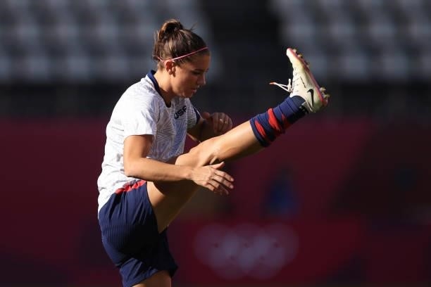 Alex Morgan of Team United States warms up prior to the Women's Bronze Medal match between United States and Australia on day thirteen of the Tokyo...