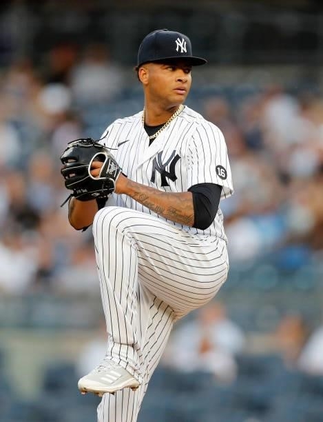 Luis Gil of the New York Yankees in action against the Baltimore Orioles at Yankee Stadium on August 03, 2021 in New York City. The Yankees defeated...