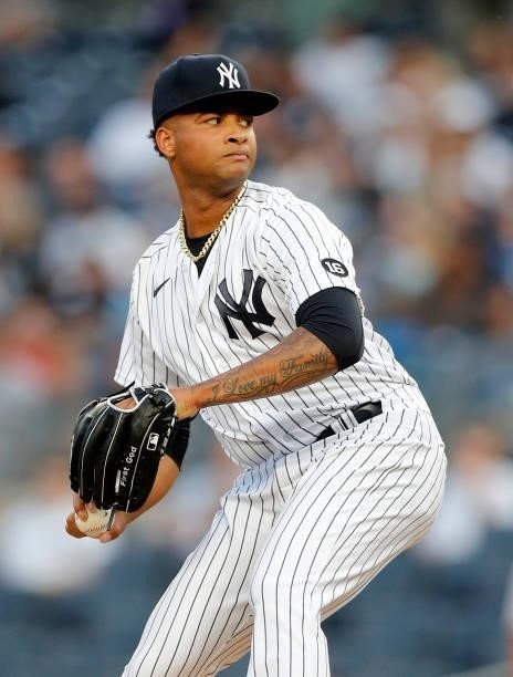 Luis Gil of the New York Yankees in action against the Baltimore Orioles at Yankee Stadium on August 03, 2021 in New York City. The Yankees defeated...