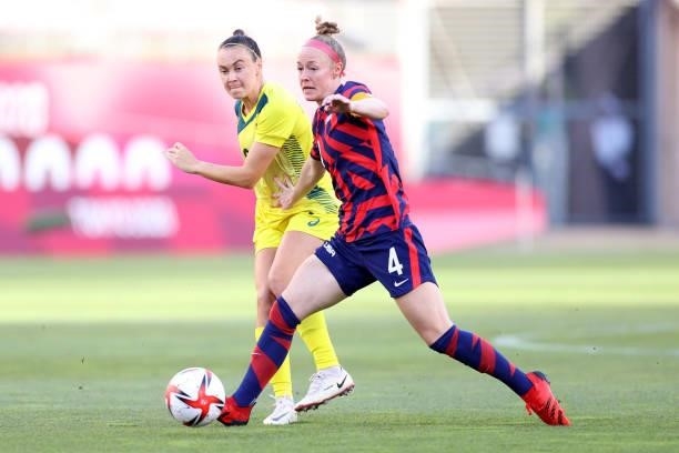 Caitlin Foord of Team Australia battles for possession with Becky Sauerbrunn of Team United States during the Women's Bronze Medal match between...