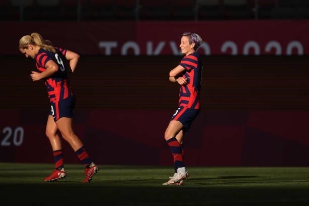 Megan Rapinoe of Team United States celebrates after scoring their side's first goal during the Women's Bronze Medal match between United States and...