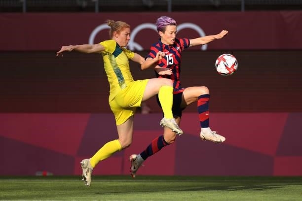Clare Polkinghorne of Team Australia battles for possession with Megan Rapinoe of Team United States during the Women's Bronze Medal match between...