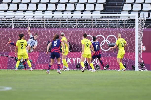 Teagan Micah of Team Australia fails to save the Team United States first goal scored by Megan Rapinoe during the Women's Bronze Medal match between...
