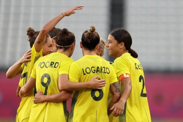 Sam Kerr of Team Australia celebrates with Caitlin Foord, Chloe Logarzo and team mates after scoring their side's first goal during the Women's...