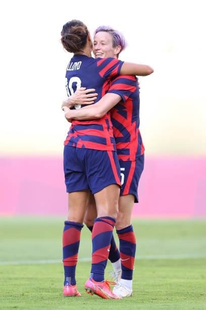 Megan Rapinoe of Team United States celebrates with Carli Lloyd after scoring their side's second goal during the Women's Bronze Medal match between...