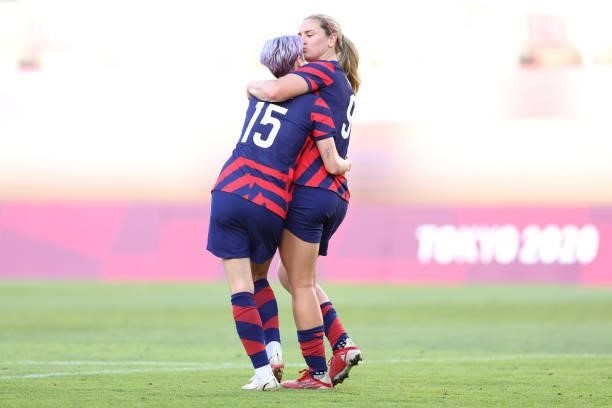 Megan Rapinoe of Team United States celebrates with Lindsey Horan after scoring their side's second goal during the Women's Bronze Medal match...