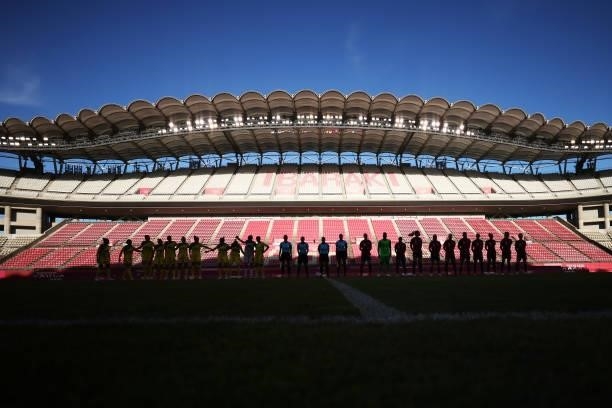 Silhouette of both teams standing for the national anthem prior to during the Women's Bronze Medal match between United States and Australia on day...