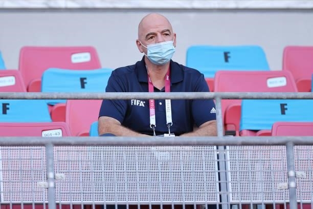 President, Gianni Infantino looks on prior to the Women's Bronze Medal match between United States and Australia on day thirteen of the Tokyo 2020...