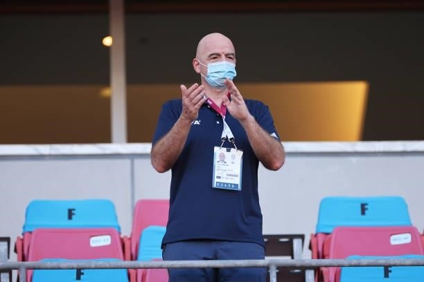 President, Gianni Infantino applauds prior to the Women's Bronze Medal match between United States and Australia on day thirteen of the Tokyo 2020...
