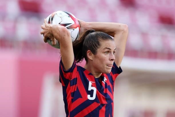 Kelley O'Hara of Team United States prepares to take a throw in during the Women's Bronze Medal match between United States and Australia on day...
