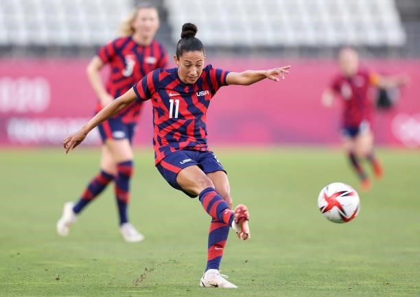 Christen Press of Team United States makes a pass during the Women's Bronze Medal match between United States and Australia on day thirteen of the...