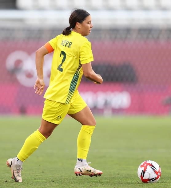 Sam Kerr of Team Australia runs with the ball during the Women's Bronze Medal match between United States and Australia on day thirteen of the Tokyo...