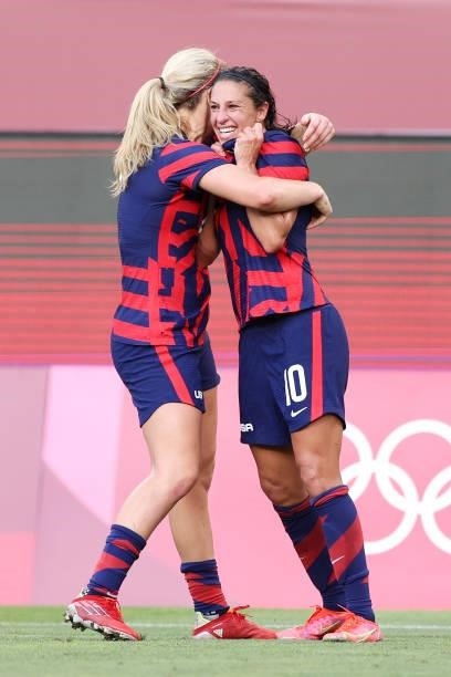 Carli Lloyd of Team United States celebrates with Lindsey Horan after scoring their side's third goal during the Women's Bronze Medal match between...