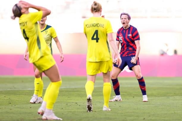 Megan Rapinoe of United States celebrates her goal during the Olympic football bronze medal match between United States and Australia at Kashima...