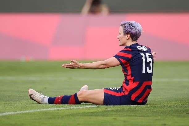 Megan Rapinoe of Team United States reacts during the Women's Bronze Medal match between United States and Australia on day thirteen of the Tokyo...