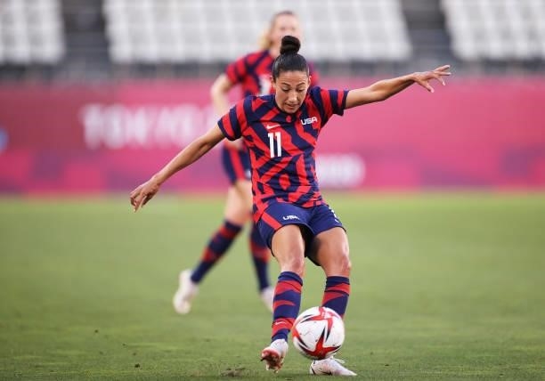 Christen Press of Team United States crosses the ball during the Women's Bronze Medal match between United States and Australia on day thirteen of...