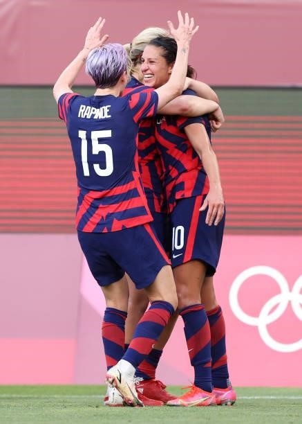 Carli Lloyd of Team United States celebrates with Megan Rapinoe after scoring their side's third goal during the Women's Bronze Medal match between...
