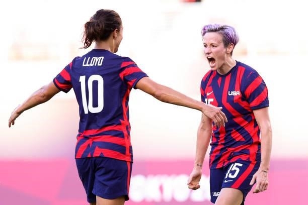 Megan Rapinoe of United States celebrates her goal with Carli Lloyd during the Olympic football bronze medal match between United States and...