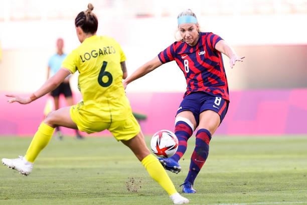 Julie Ertz of United States shots the ball during the Olympic football bronze medal match between United States and Australia at Kashima Stadium on...