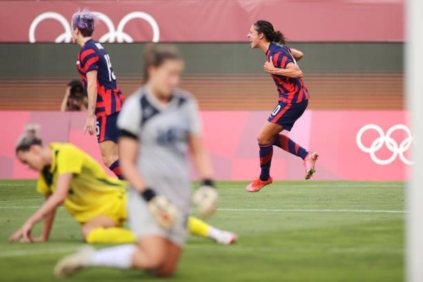 Carli Lloyd of Team United States celebrates after scoring their side's third goal during the Women's Bronze Medal match between United States and...