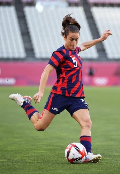 Kelley O'Hara of Team United States in action during the Women's Bronze Medal match between United States and Australia on day thirteen of the Tokyo...