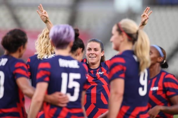 Kelley O'Hara of Team United States celebrates after their side's fourth goal scored by Carli Lloyd during the Women's Bronze Medal match between...