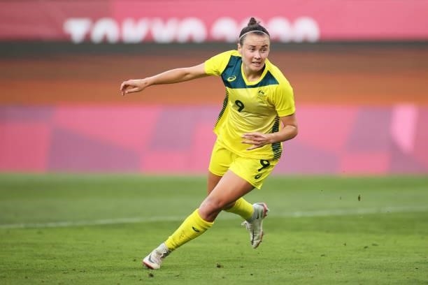 Caitlin Foord of Team Australia celebrates after scoring their side's second goal during the Women's Bronze Medal match between United States and...
