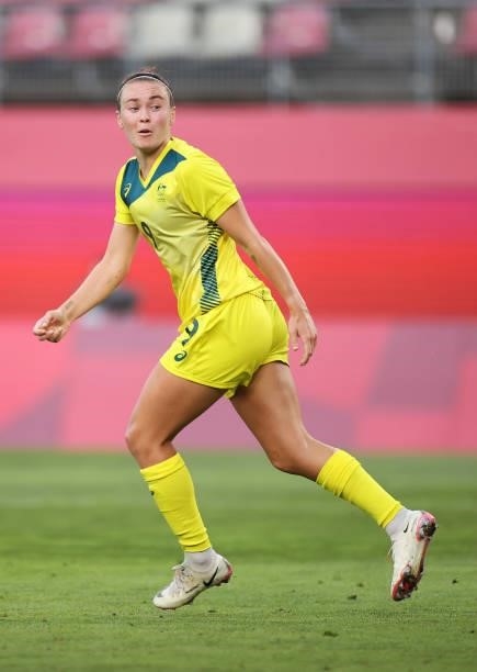 Caitlin Foord of Team Australia celebrates after scoring their side's second goal during the Women's Bronze Medal match between United States and...