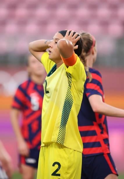 Sam Kerr of Team Australia reacts during the Women's Bronze Medal match between United States and Australia on day thirteen of the Tokyo 2020 Olympic...