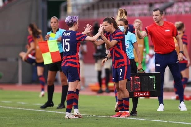 Tobin Heath of Team United States replaces Megan Rapinoe during the Women's Bronze Medal match between United States and Australia on day thirteen of...