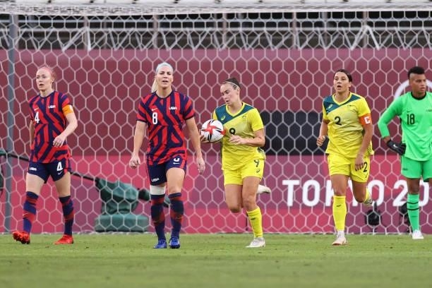 Caitlin Foord of Team Australia carries the ball back after scoring their side's second goal during the Women's Bronze Medal match between United...