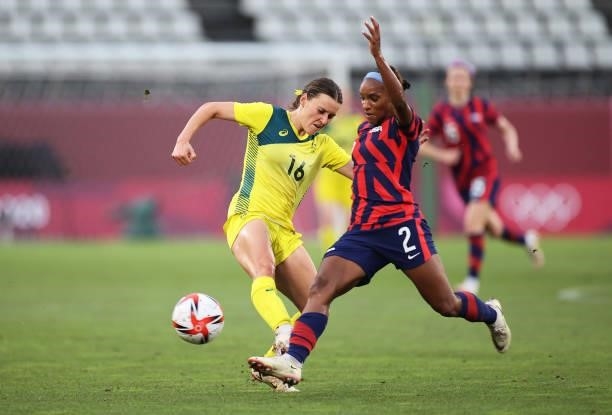 Hayley Raso of Team Australia battles for possession with Crystal Dunn of Team United States during the Women's Bronze Medal match between United...