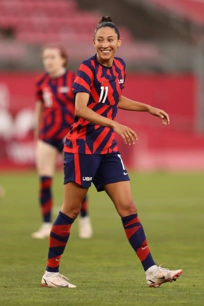 Christen Press of Team United States reacts during the Women's Bronze Medal match between United States and Australia on day thirteen of the Tokyo...