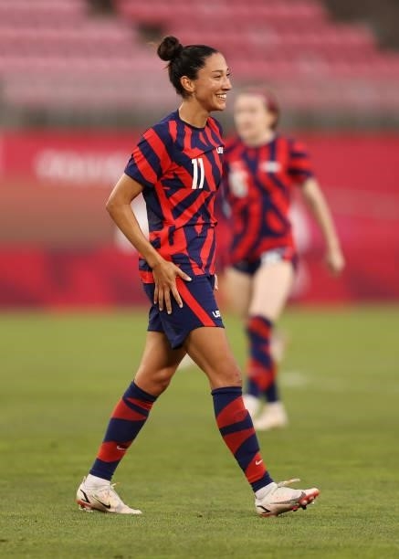 Christen Press of Team United States reacts during the Women's Bronze Medal match between United States and Australia on day thirteen of the Tokyo...