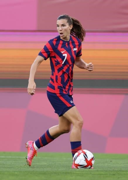 Tobin Heath of Team United States runs with the ball during the Women's Bronze Medal match between United States and Australia on day thirteen of the...
