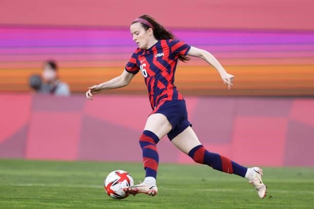 Rose Lavelle of Team United States runs with the ball during the Women's Bronze Medal match between United States and Australia on day thirteen of...