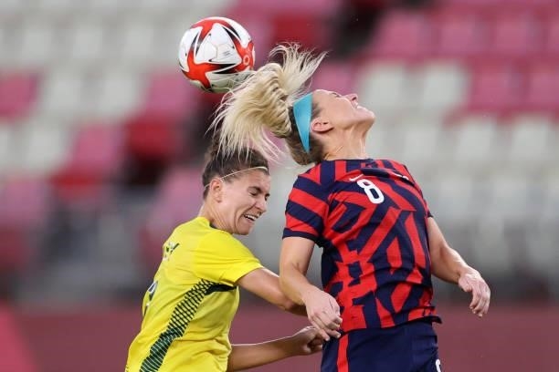 Steph Catley of Team Australia competes for a header with Julie Ertz of Team United States during the Women's Bronze Medal match between United...