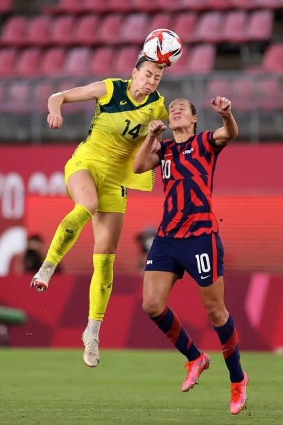 Alanna Kennedy of Team Australia competes for a header with Carli Lloyd of Team United States during the Women's Bronze Medal match between United...
