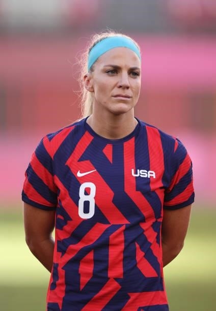 Julie Ertz of Team United States stands for the national anthem prior to the Women's Bronze Medal match between United States and Australia on day...