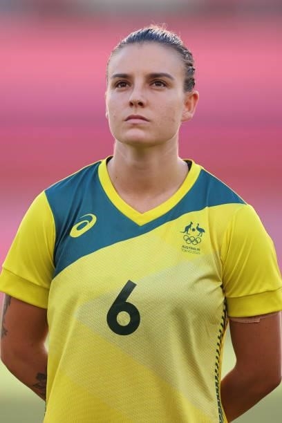 Chloe Logarzo of Team Australia stands for the national anthem prior to the Women's Bronze Medal match between United States and Australia on day...