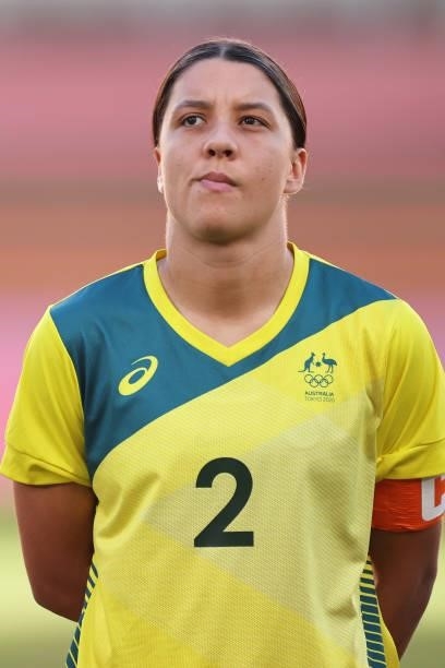 Sam Kerr of Team Australia stands for the national anthem prior to the Women's Bronze Medal match between United States and Australia on day thirteen...