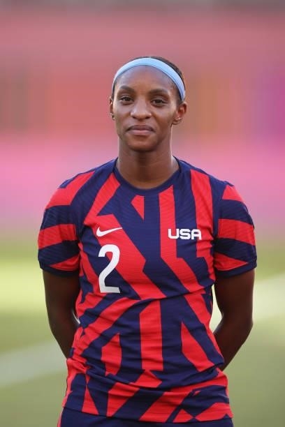 Crystal Dunn of Team United States stands for the national anthem prior to the Women's Bronze Medal match between United States and Australia on day...