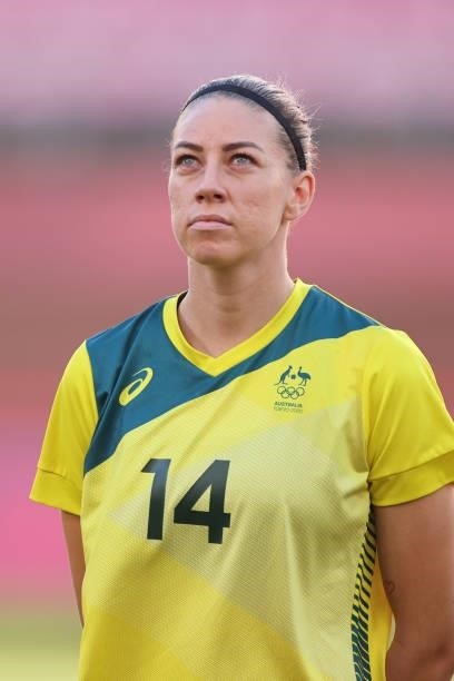 Alanna Kennedy of Team Australia stands for the national anthem prior to the Women's Bronze Medal match between United States and Australia on day...