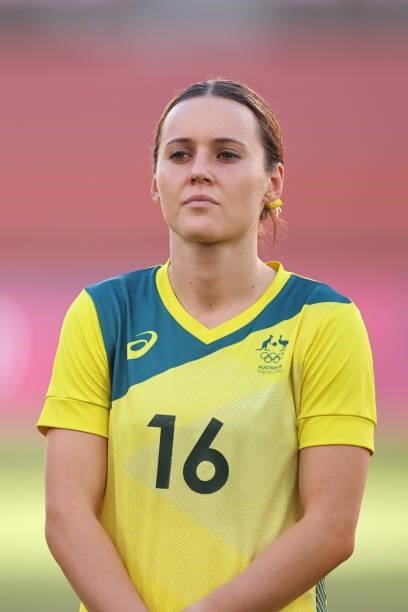 Hayley Raso of Team Australia stands for the national anthem prior to the Women's Bronze Medal match between United States and Australia on day...