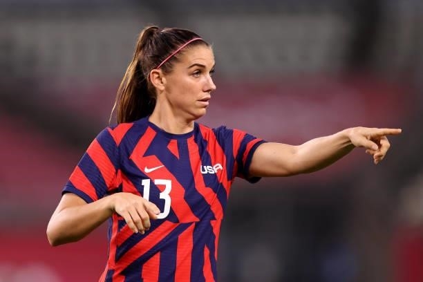 Alex Morgan of Team United States gestures during the Women's Bronze Medal match between United States and Australia on day thirteen of the Tokyo...